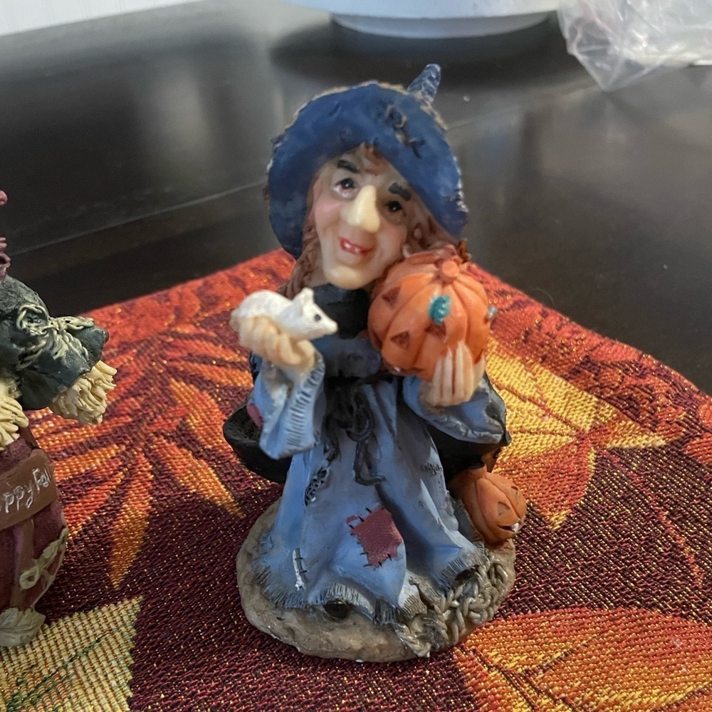 Whimsical Witch & Scarecrow Figurines with fall placemat decor